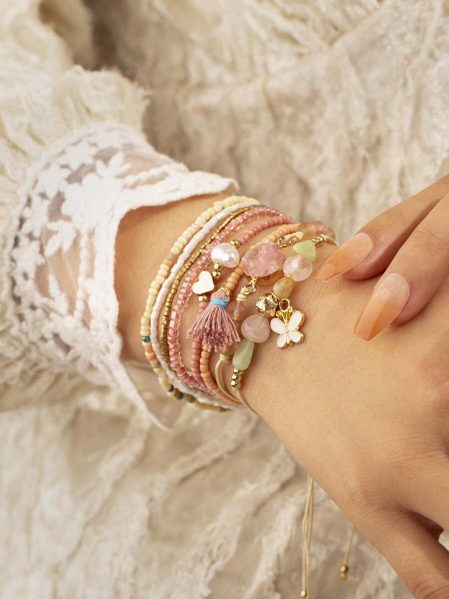 8pcs Girls' Casual Versatile Handmade Bohemian Style Pearl Bracelets - Baby Pink - View 1