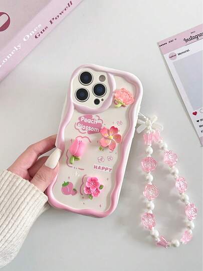 Cream Textured Painted Accessory With Attached Chain Wave Edge Cartoon Phone Case Compatible With Apple, Redmi Series
