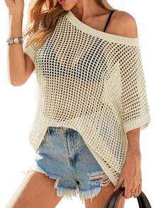 Womens Crochet Sweater Tops Batwing Short Sleeve Oversized Boat Neck Boho Knit Summer Beach Cover Ups - Be - Xem 4