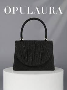 1pc Moonlit Eve Bag - Black Shiny Metallic Lurex Flap Clutch Handbag, Glittering Evening Bag For Party, Wedding, Prom, Bridal - Black - View 1