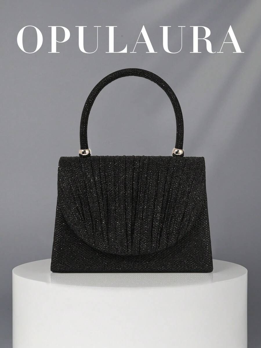 1pc Moonlit Eve Bag - Black Shiny Metallic Lurex Flap Clutch Handbag, Glittering Evening Bag For Party, Wedding, Prom, Bridal - Black - View 1