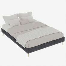 Modern Minimalist Bed Frame, 140 X 200 Cm, Grey, Upholstered In Dutch Velvet, Low Slatted Base, Contemporary Style Bedroom Furniture. Gas Spring, Headboard And Mattress Not Included.