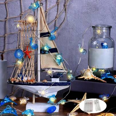 1条2米海洋主题LED灯串，水下生物和美人鱼花环装饰灯，适用于户外、游泳池、树木、室内客厅、卧室、宿舍、情人节、婚礼、派对（图案随机，电池供电 - 不含电池）