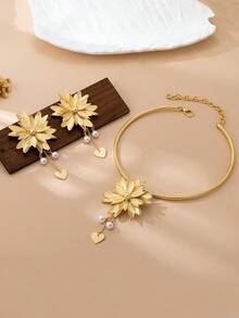 Fashionable Exaggerated Geometric 3D Heart & Sunflower Pendant Tassel Necklace & Earrings Jewelry Set, Party Gift For Women - Gold - View 2