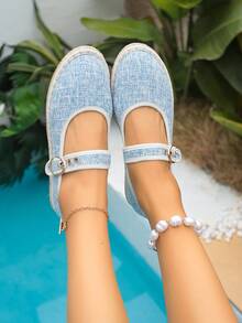 新款复古优雅简约清新蓝色百搭亚麻绳底亚麻布中底透气舒适时尚休闲搭扣可调节轻便平底乐福鞋 - 淺藍色 - 查看 9