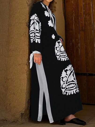 Spring/Summer Women's Arabic Dress,Nomadic Style Dress, Vintage Floral Print Dress With Tie Buttons And Slit, Maxi Dress,For Middle Eastern Style