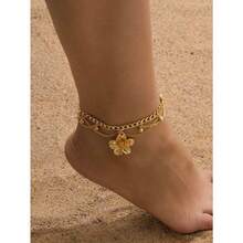 1pc Vacation Style Line & Tassel Golden Flower Pendant Multilayer Anklet For Women (No Gift Box) - 黃金 - 查看 9