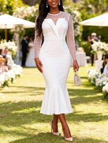 Women Valentine White Sheer Pearl Embellished V Neck Long Sleeves Fitted Mermaid Hem Dress Formal Occasions Wedding Guest - White - View 5