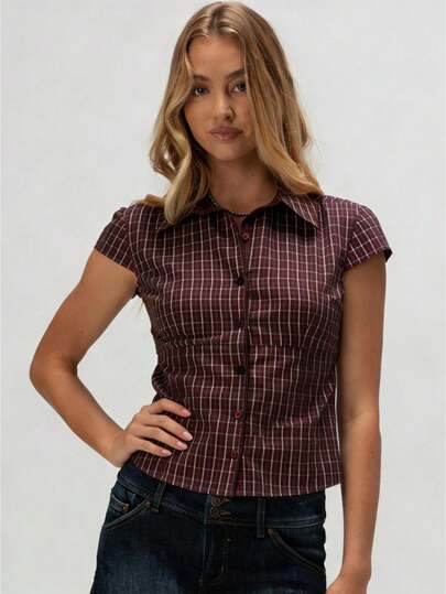 Women Short Sleeve Shirts Dot/Stripe/Plaid/Solid Color Turn Down Collar Button Down Blouses Summer Casual Tops Streetwear
