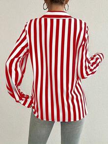 Contrast Color Block Striped Button Front Women Shirt, Loose Striped Blouse For Women Slimming Vintage Niche Versatile Top, Suitable For Daily Life And Valentine's Day - Đỏ - Xem 4