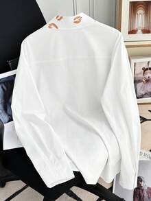 Women's Front Button Pocket Lip Print Long Sleeve Shirt - White - View 3