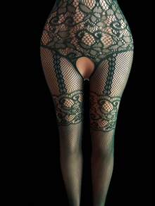 大码女士性感内衣，优雅黑色蕾丝网纱连体裤 - 性感内衣，开裆设计，镂空连体裤，女士连体裤和性感紧身裤 - 綠色 - 查看 4