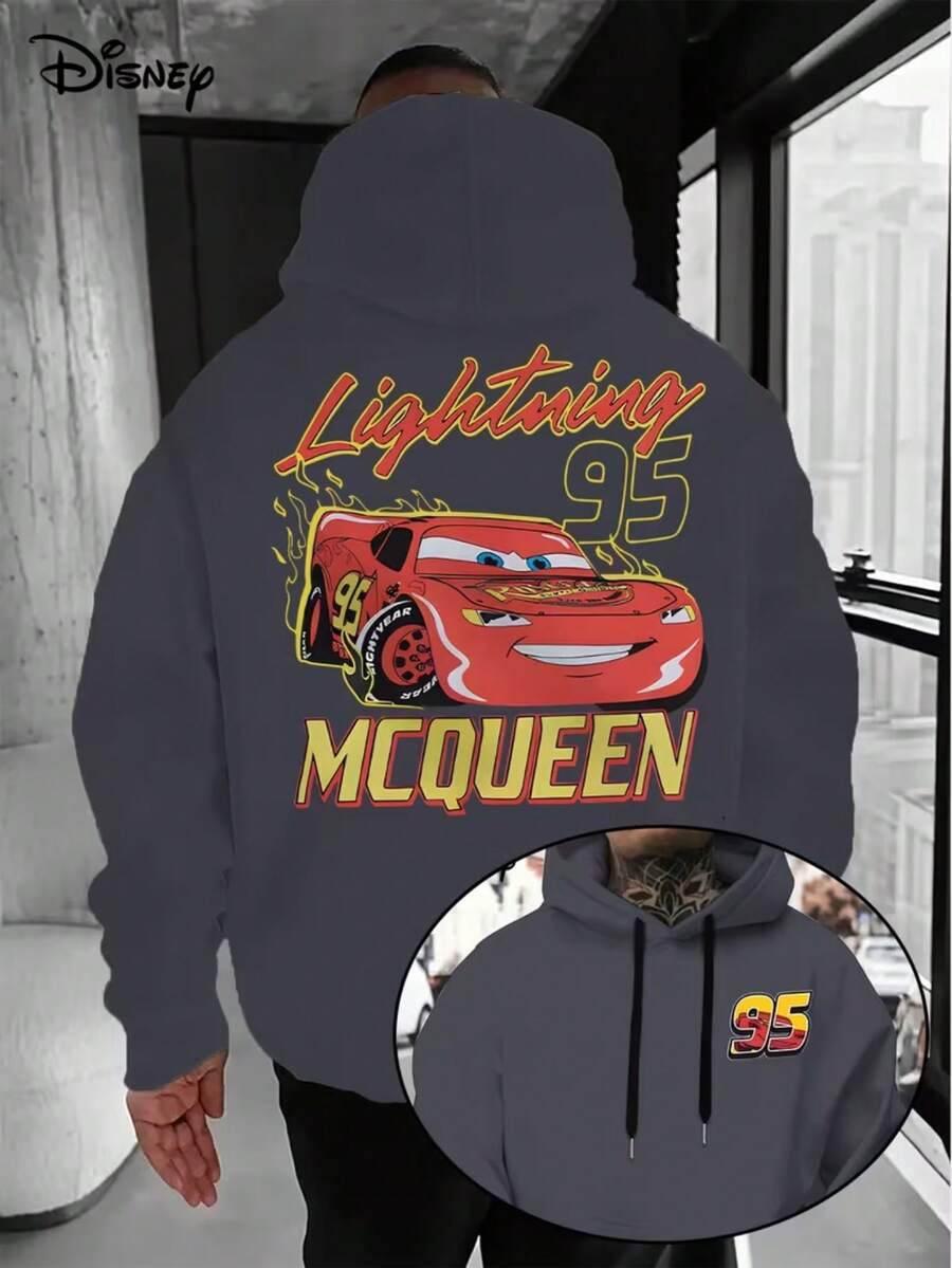 2026DisneyCars LightningMcQueen Hoodie-Men's Blue Racing Pattern Pullover, Loose Hooded Sweater In Front Pocket, Suitable For Casual Wear, Birthday Gift For Disney Pixar Car Fans, Travel Clothes, Playful Design, Comfortable Fabrics, Fan Clothes, Movie Lovers, Home Clothes, Durable Materials, Printed Sweatshirts, Men's. - Xám - Xem 1