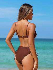 Women's Summer Beach Full-Print Floral Spaghetti Strap Bikini Set, 2pcs Vacation - Brown - View 2