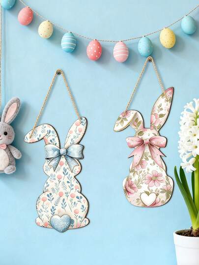 2D 平面设计复活节兔子悬挂装饰木牌，以可爱的兔子屁股和蝴蝶结图案为特色，花园风格装饰，适合复活节、情人节、生日、乔迁、春季庆祝活动 - 动物主题，非常适合家居、门廊、卧室、露台等场所。