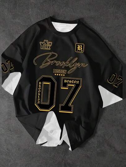 男士 Brooklyn 07 印花T恤，休闲宽松短袖圆领上衣，醒目的字母和数字设计，可机洗，街头风，舒适日常穿着，经久耐穿，街头潮流