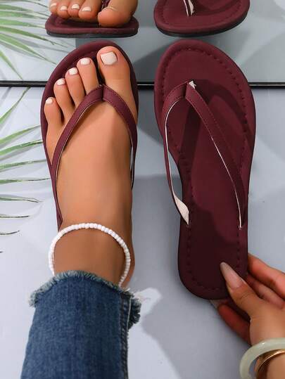 Women's Summer New Solid Color Flip Flops Flat Sandals, Simple Style Versatile Casual Beach Slippers