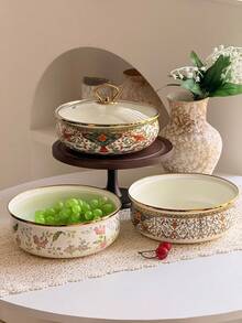 SummitPulse 1pc Vintage Floral Enamel Shallow Pot, Suitable For All Seasons, With Gold-Rimmed Double Handles/Handleless Design, Multifunctional Cookware For Home And Commercial Use (Can Be Used As Soup Pot, Stew Pot, Instant Noodle Pot), Ideal For Holiday Gatherings, Family Dinners, And A Great Gift For Friends And Family On Holidays Or Birthdays. - Multicolor - View 5