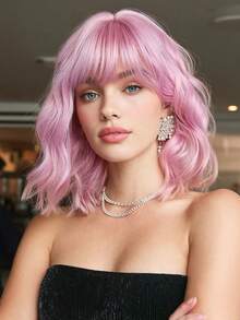 Peluca Bobo rosa, peluca ondulada rizada con flequillo para mujeres, peluca sintética resistente al calor corta, adecuada para disfraces de fiesta y uso diario, peluca de color - Rosa - Ver 4