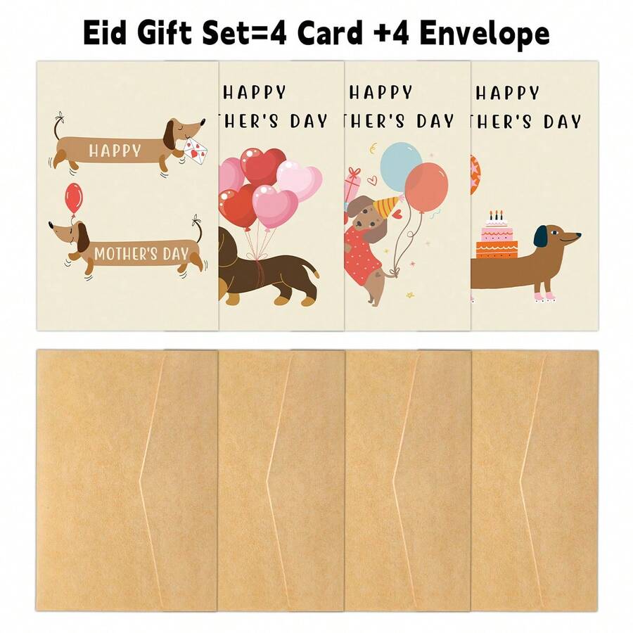 Bộ 4 thiệp chúc mừng Ngày của Mẹ kèm phong bì, hình chó Dachshund ngộ nghĩnh, thích hợp cho các dịp lễ, sinh nhật, Ngày của Mẹ và các bữa tiệc. - Nhiều màu - Xem 1