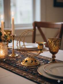 一套/件，层叠弧形星月金属烛台。这款烛台采用金属丝和金属底座制成，设计简约。其造型为新月形框架，由多个交织的弧线构成，搭配饰有星月镂空图案的圆顶底座和杯状烛托。 - 彩色 - 查看 3