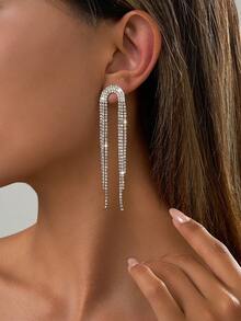 Nooxian 1对时尚迷人派对风格女士耳环，闪亮钻石流苏奢华锆石爪链流苏耳环 - 銀色 - 查看 6