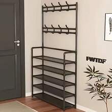 Coat Rack, 5-Tier Multifunctional Metal Coat Rack With 8 Double Hooks - Space-Saving Storage Solution For Entryways, Living Rooms, Bathrooms And Hallways - Separate Entryway Shoe Rack For Ample Storage Space - màu đen - Xem 6