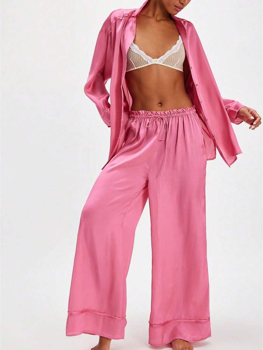 Conjunto de Pijama Floral para Mujer, Camisa de Manga Corta con Lazo y Shorts, Ropa de Dormir y Descanso Diario - Rosa - Ver 1