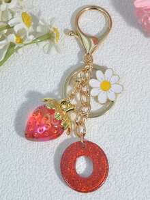 1 pezzo Portachiavi a forma di lettera con fragola rossa, ciondolo floreale carino, portachiavi minimalista per borsa, regalo per donne - Rosso - Visualizzare 23