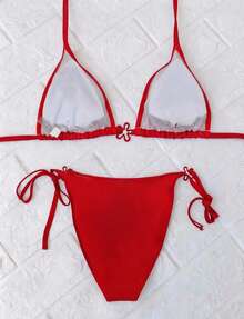 Plus Size Summer New Women's Sexy Suspender Solid Color Flower Tie Two Pieces Bikini, Suitable For Vacation, Beach Date, Valentine's Day Red Hanging Neck Triangular Cup Tie Swimsuit Set - Red - View 4