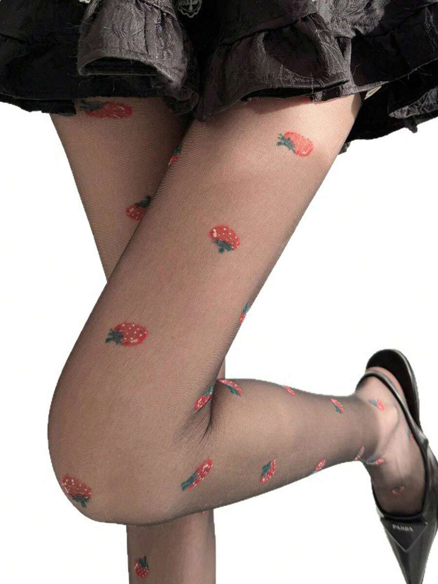 可爱草莓提花连裤袜，性感黑色紧身裤，防勾丝，高弹力，显瘦，百搭白色长筒袜，防滑 - 彩色 - 查看 1