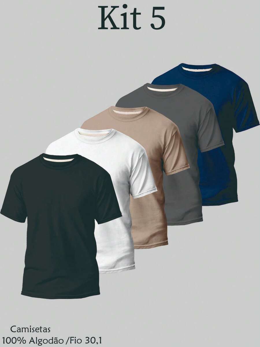 Set Of 5 Basic Plain Colored T-Shirts, 100% Cotton, 30.1 Yarn, Men's/Unisex, Breathable, Reinforced Seams, Immediate Shipping!! - 黑-白-米色-灰色-海軍藍 - 查看 1