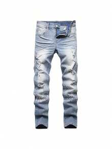 Trajes callejeros de moda Jeans para hombre Pantalones de mezclilla con agujeros perforados de color morado Pantalones ajustados ajustados cómodos Pantalones informales de moda vintage para hombre - Neblina azul - Ver 1