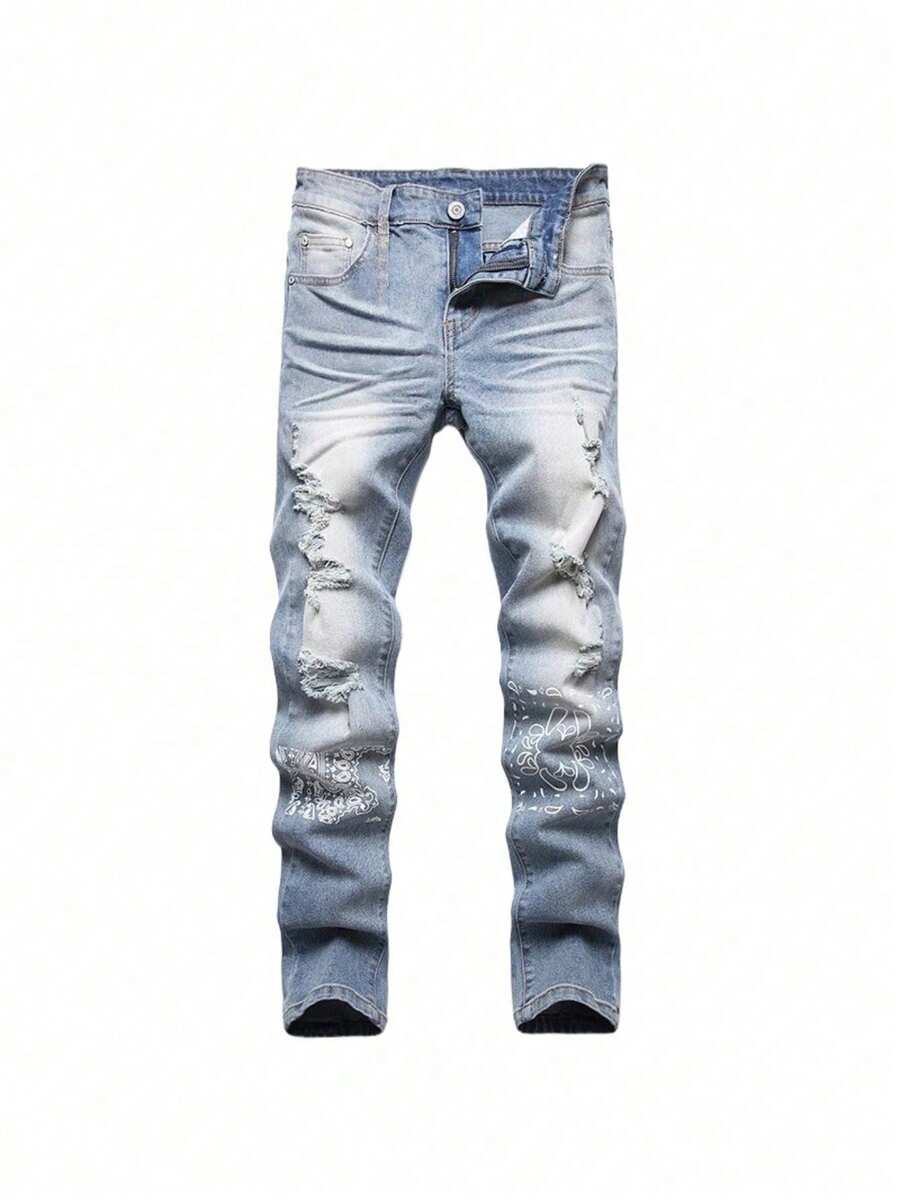 Trajes callejeros de moda Jeans para hombre Pantalones de mezclilla con agujeros perforados de color morado Pantalones ajustados ajustados cómodos Pantalones informales de moda vintage para hombre - Neblina azul - Ver 1