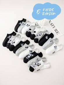 Disney 1/5/10/20 Pairs Women/Couple Ankle Socks, Classic Black White Gray Cartoon Mickey Minnie Mouse Pattern Decoration, Simple Soft Comfortable Campus Style Invisible Socks, Personalized Fashion Breathable Moisture-Wicking Black, Suitable For Daily Life, Birthday Party, Outdoor Sports, Campus Activities, Holiday Gatherings, Multiple Combinations Available