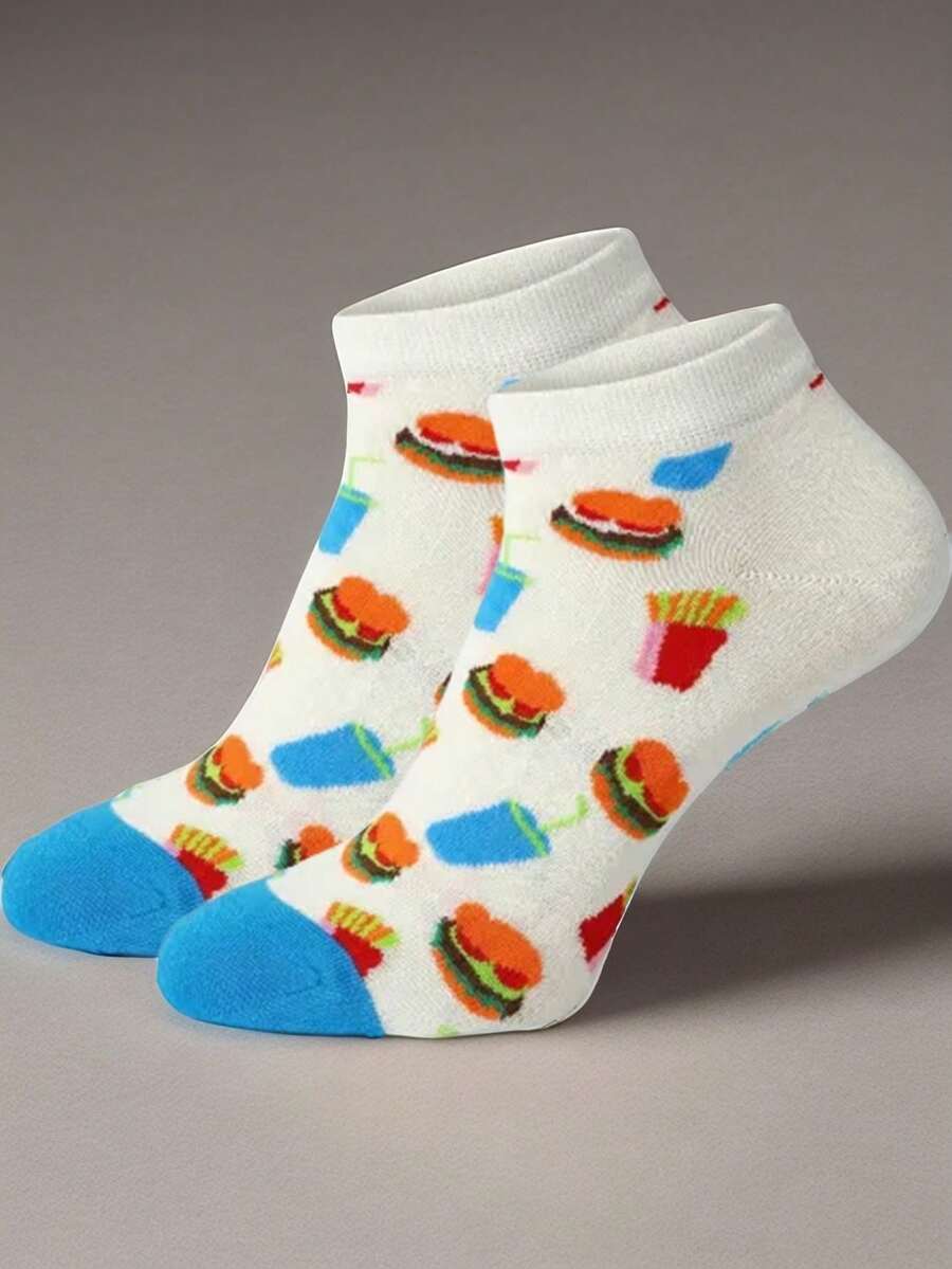 1 Pair Of Unisex Fast Food Pattern Boat Socks - White & Blue Design With Burger/Fries/Drink Prints, Comfortable Daily Socks, Ideal Gift For Food Lovers, Year-Round Fashion Leisure Socks - Multicolor - View 1