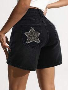 Quần short denim phong cách Y2K rách rưới họa tiết da báo và họa tiết ngôi sao, quần short denim dáng rộng đa năng cho mùa hè. - Khói đen - Xem 1