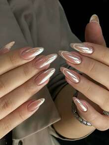 法式全息亚克力美甲贴片 24 片装 中号杏仁形按压式甲片，DIY 艺术粉色假指甲套装，适用于美甲沙龙、女孩和女士日常佩戴、节日派对和送礼。 - 彩色 - 查看 1