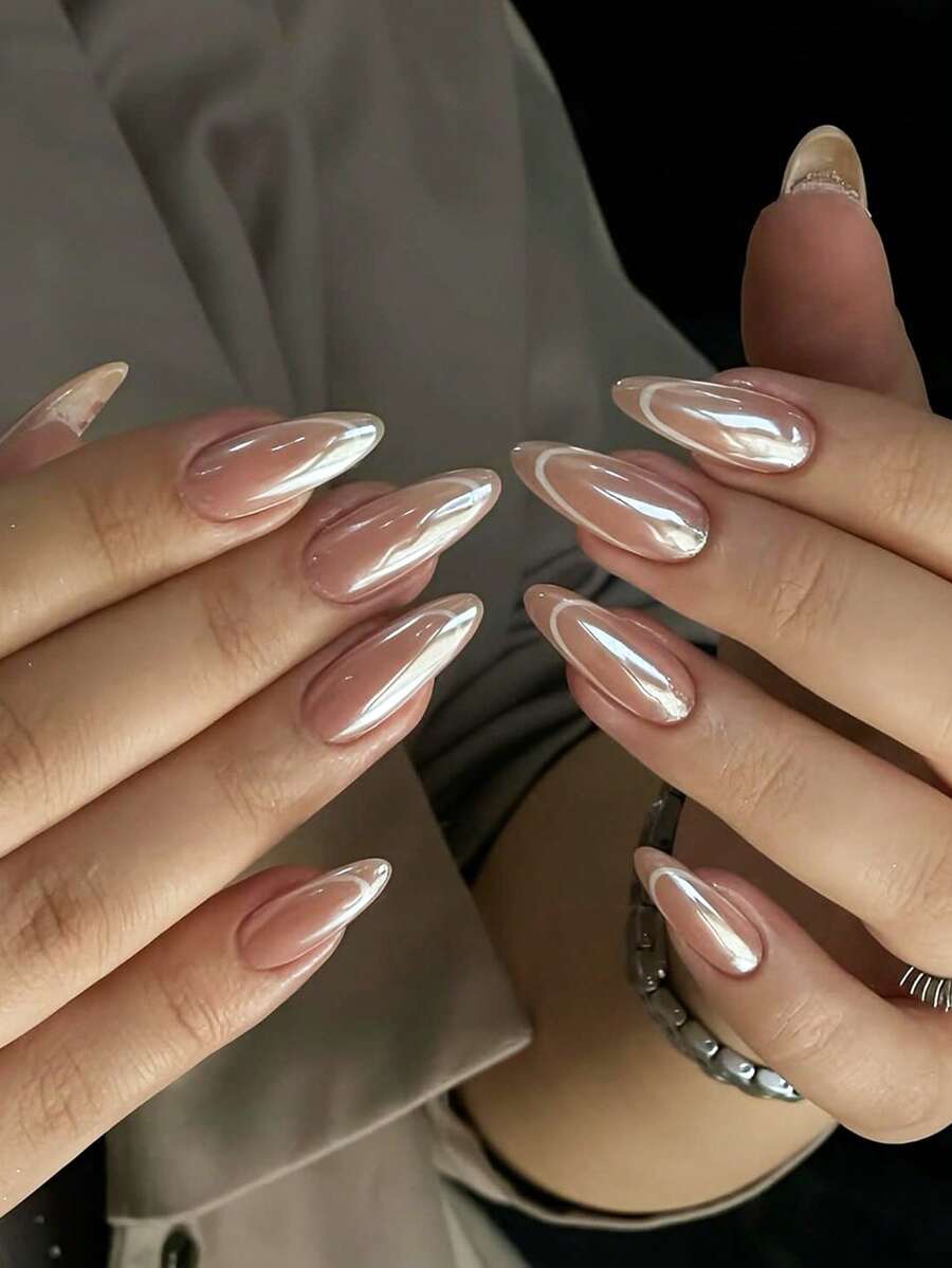 法式全息亚克力美甲贴片 24 片装 中号杏仁形按压式甲片，DIY 艺术粉色假指甲套装，适用于美甲沙龙、女孩和女士日常佩戴、节日派对和送礼。 - 彩色 - 查看 1