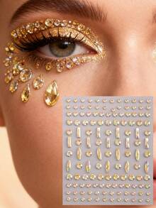 1/2PCS 3D Face Rhinestone Stickers,Golden Tear&Color Pendant Crystal Tear Eye Rhinestone Bright Party Makeup Decoration, Y2K Music Festival Flash Accessories, Jewel Decor For Face, Body, Nail, Hair,Suitable For Women Dating Use,Concert Look,Face Gems - Gold - View 3