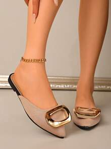 2026 Spring New Women's Slip-On Shoes Fashion Mule Shoes, Black Pointed Toe Fabric Shiny Slip-On Loafers For Commuting - Beige - View 3