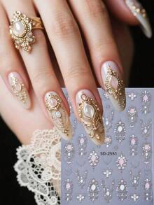 2 片轻奢波西米亚风 5D 浮雕美甲贴纸，粉色和蓝色宝石烫印图腾自粘美甲贴纸，指甲油贴纸滑块 DIY 优雅美甲用品，女士和女孩节日礼物 - 彩色 - 查看 3