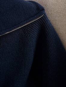 女士短款拉链高领毛衣，加厚套头针织衫，秋冬季休闲保暖款 - 藏蓝色 - 查看 6