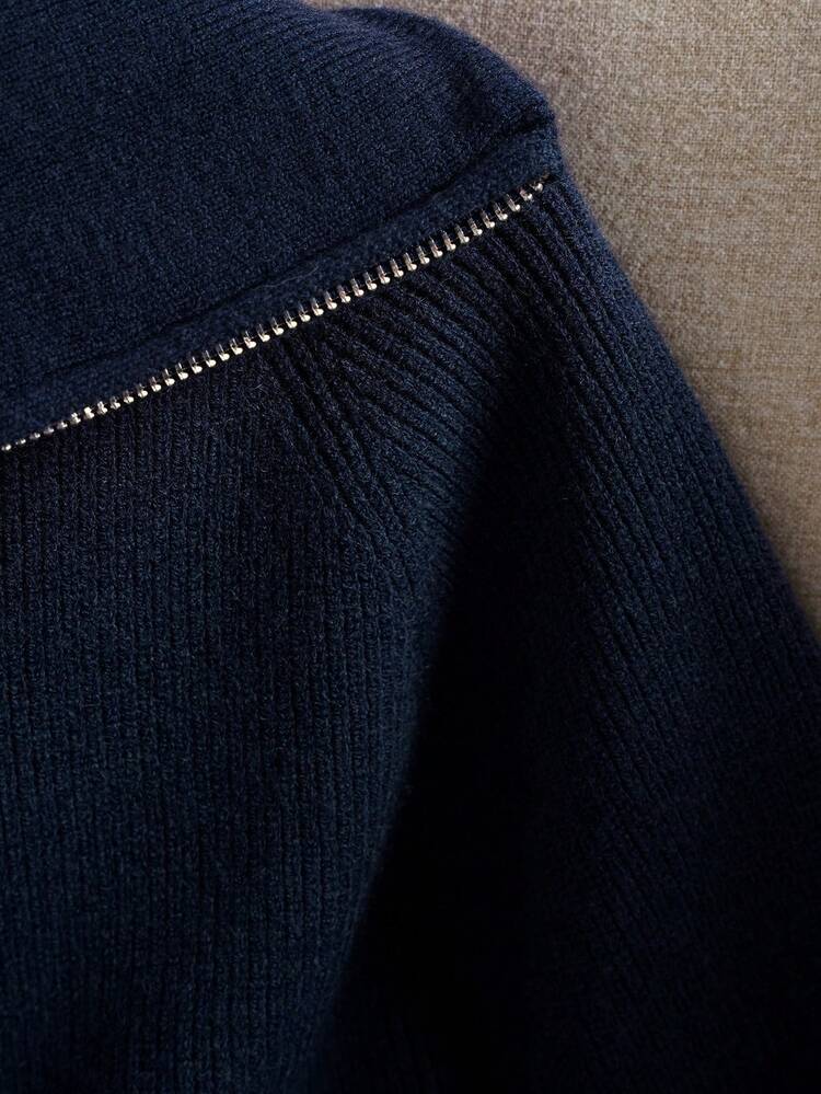 Suéter de cuello alto con cremallera corta para mujer, jersey grueso de punto, informal y cálido para otoño/invierno - Azul Marino - Añade 6