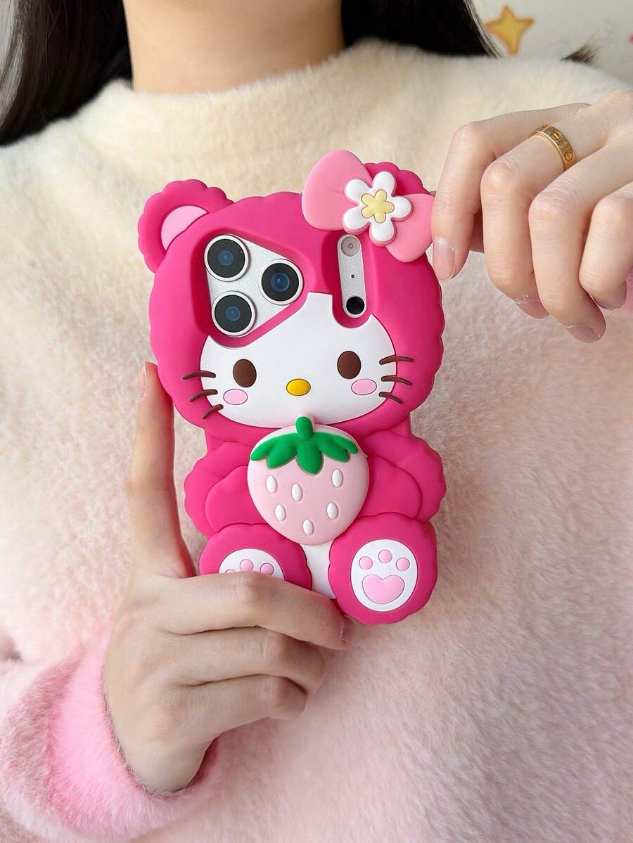 SANRIO 1个可爱时尚的3D草莓猫咪粉色蝴蝶结硅胶防水防震手机壳，兼容苹果17系列、11/12/12 Pro、13/14/15、13 Pro/14 Pro/15 Pro、12 Pro Max/13 Pro Max/14 Pro Max/15 Pro Max、16、16 Pro、16 Pro Max、17、17 Pro、17 Pro Max - 玫紅色 - 查看 1