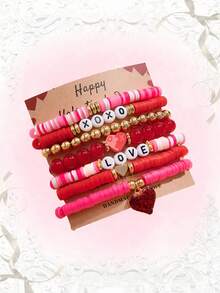 7件套 时尚甜美可爱心形吊坠字母串珠手链，适合日常佩戴、情人节、友情礼物、送给妈妈的礼物、母亲节礼物（不含贺卡） - 彩色 - 查看 2