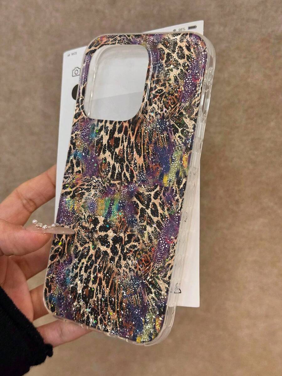 豹纹透明环氧树脂闪粉极简防震加厚手机保护壳，兼容 17/17 Pro/17 Pro Max、16/11/16 Pro/16 Plus/16 Pro Max/16e、15 Pro Max、13/14/12/XS/XR、15 Pro Max、7/8、16 Pro Max、15 Pro Max、12 Pro Max、13 Pro Max、14 Pro Max、13、11、12 Pro、14、P11软壳、P12防摔壳、XS/XR手机壳 - 彩色 - 查看 1