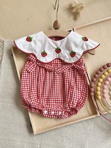 Newborn Baby Girls Cute Ruffle Collar Bow Strawberry Embroidery Plaid Romper, Spring/Summer - Red - View 4