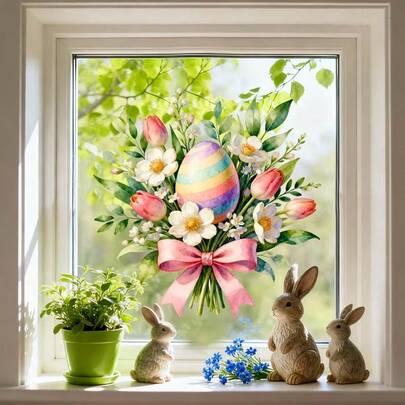 1 st fönsterdekal med blommönster och rosett i ägg, avtagbar statisk dekal, lämplig för vår- och påskdekorationer i sovrum, vardagsrum, balkong och butiksfasad