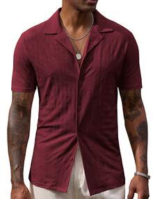 URRU Men's Casual Button Down Shirt Short Sleeve Jacquard Shirt Plaid Vacation Summer Beach Shirts - 酒紅色 - 查看 2